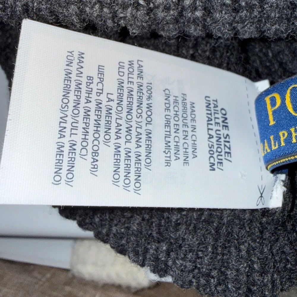 Polo Ralph Lauren Charcoal Grey 100% Merino Wool Ribbed‎ Knit Beanie Hat OS